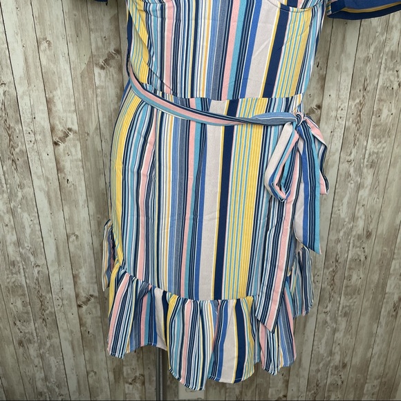Shop 17 Wrap Tie Waist Dress Striped Ruffled Colorful Mini Summer Dress Size L - Picture 4 of 11